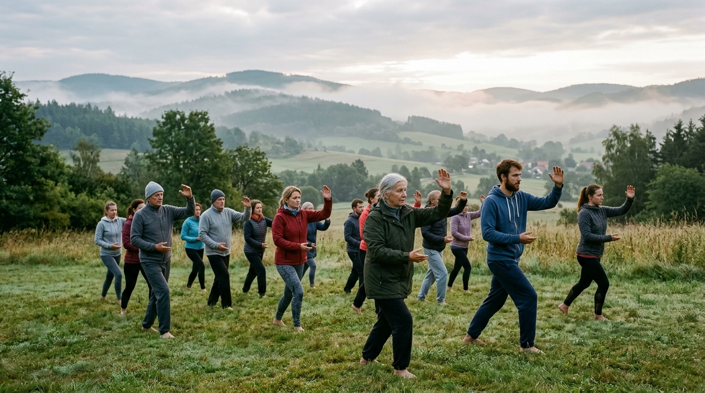Skupina lidí cvičí tai chi v přírodě